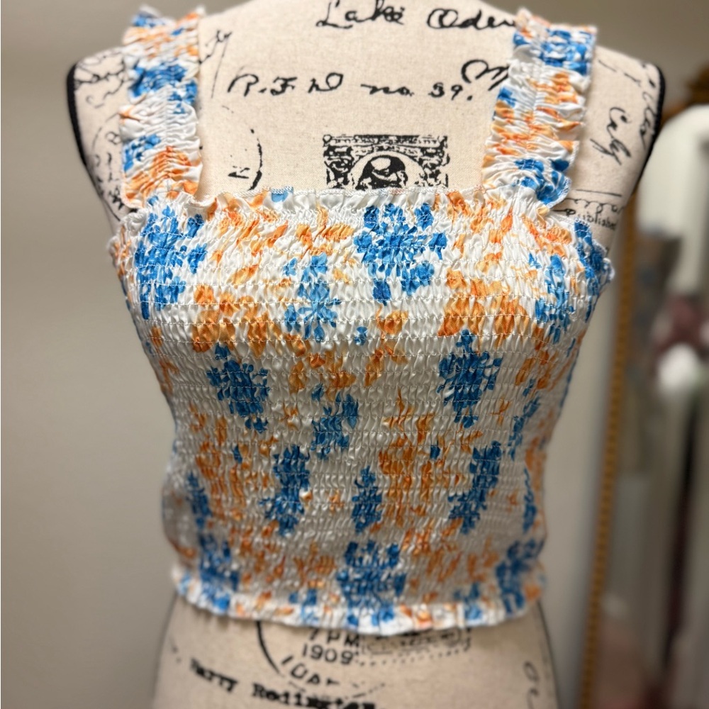 Floral Smocked Top - Orange and Blue